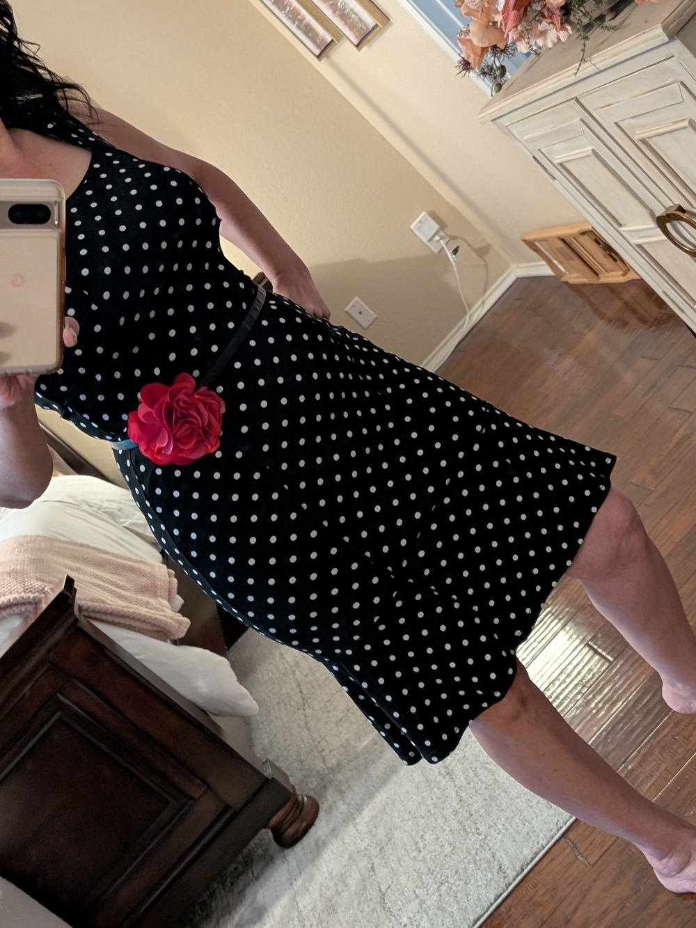 Black Polka Dot Sleeveless Fit & Flare Dress with Red Flower Accent